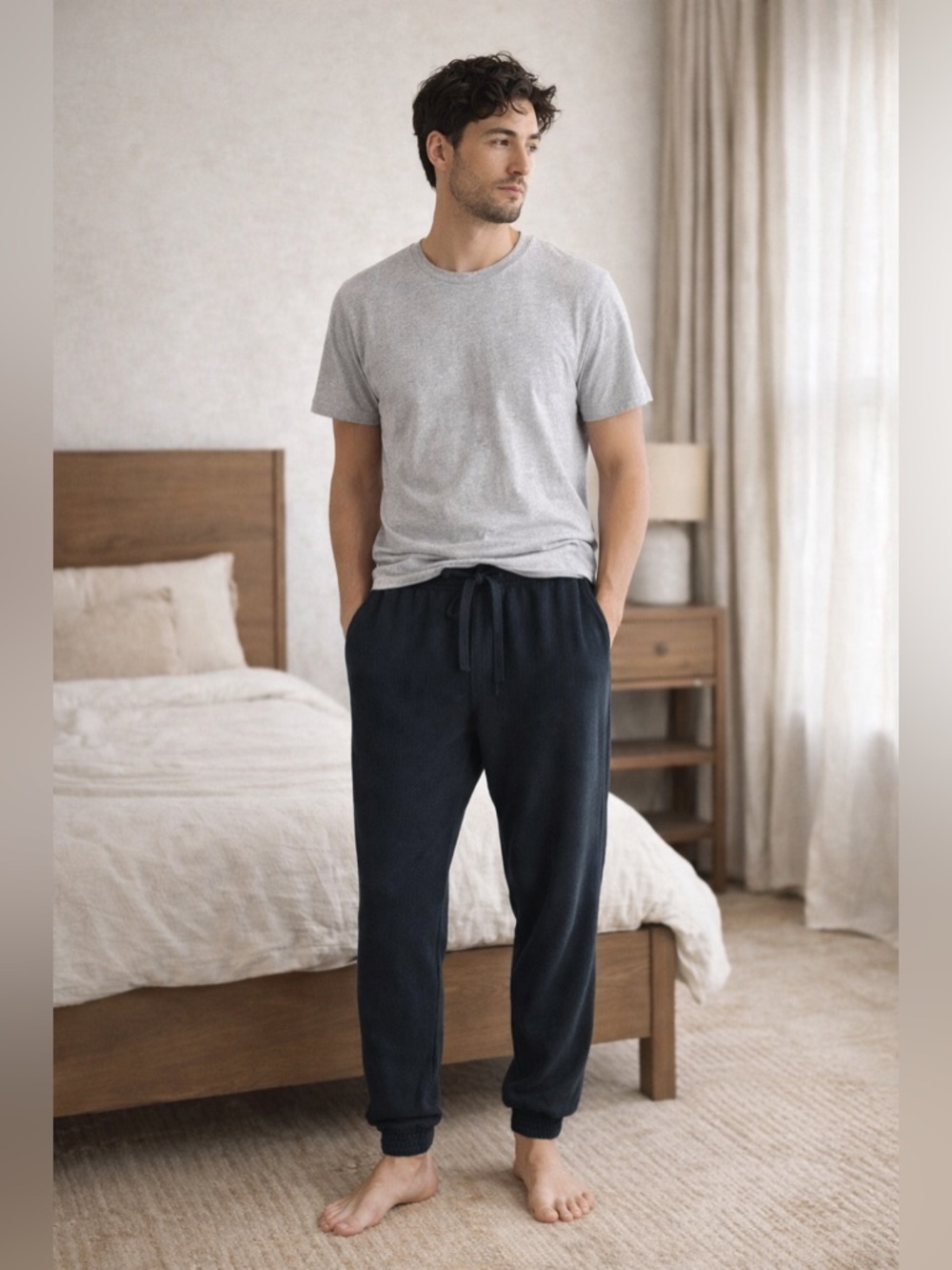 Nap American Waffle Knit Jogger Pants Black Drawstring Lounge Sweatpants Medium